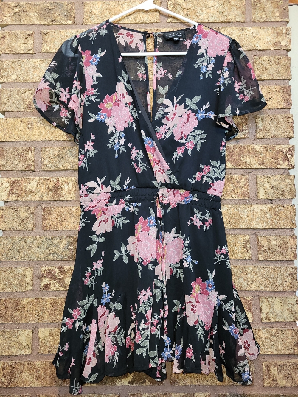 Trixxi Black Romper with Pink Floral Print Size Medium Casual Summer